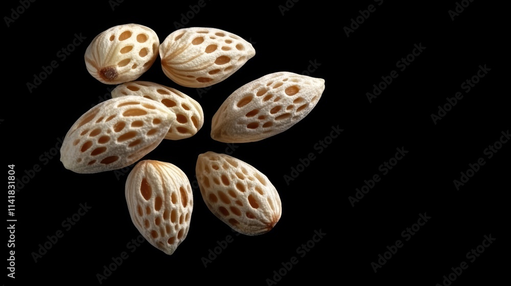 Poster dried almond shells displayed on a black background showcasing intricate texture and organic design 