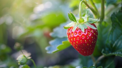 strawberry,  a ripe red strawberry hanging from a plant. The strawberry is vibrant and glossy, with small seeds visible on its surface. It is surrounded by green leaves, and the background 