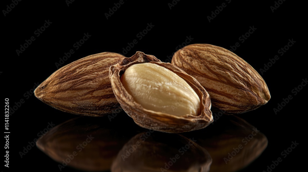 Poster raw almond nuts with shells and reflection on a black background showcasing their natural texture an