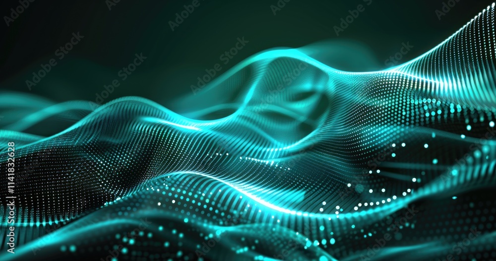 Poster abstract digital waves in teal, representing data flow and technology.