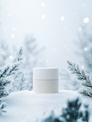 Cream jar on snow with a winter background. Skincare photography for cold weather and winter hydration.