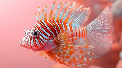 A fish with a red and white stripe on its body is swimming in a pink background