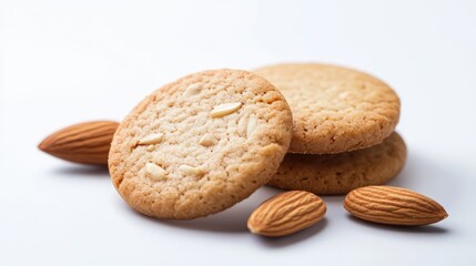 Almond Cookies on a White Background with Whole Almonds for Dessert or Bakery Concepts