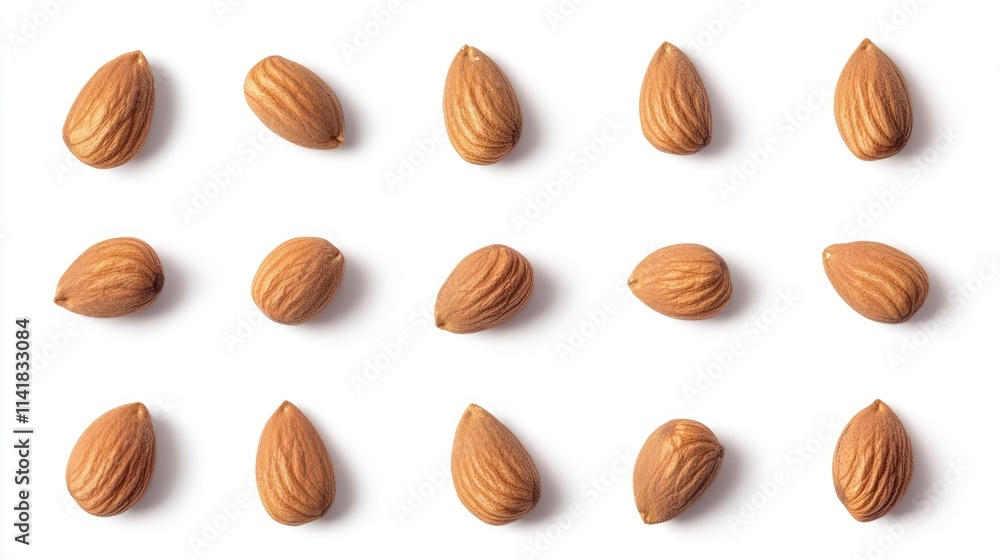 Poster Almonds arranged in a beautiful pattern isolated on a clean white background showcasing their natural texture and color.