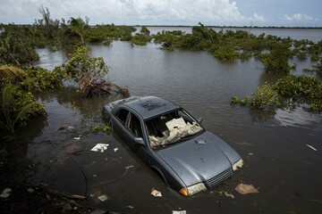 Submerged Vehicle in Flooded Landscape Highlighting Environmental Impact and Natural Disasters Amidst Overgrown Vegetation and Waterlogged Terrain