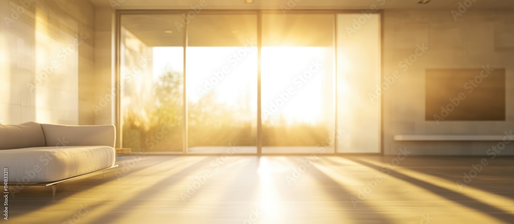 Poster soft sunlight illuminating a modern living room with large windows creating an abstract blurred back