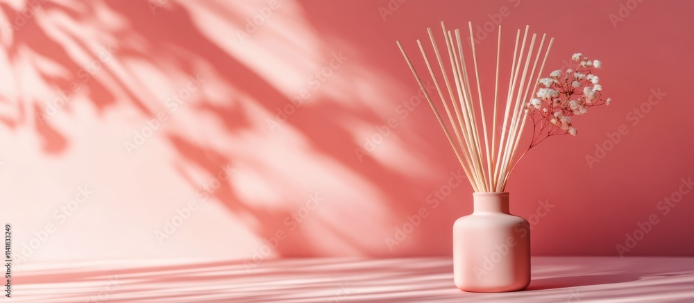 Poster stylish reed diffuser on soft pink background creating a tranquil home ambiance with aromatic fragra