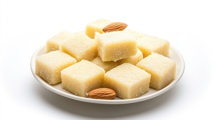 Diamond-shaped Badam Katli sweet made from almonds and sugar placed on a white plate for a tempting dessert presentation.