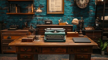 A retro-themed corporate meeting room with formal-clad individuals and old-school presentation tools