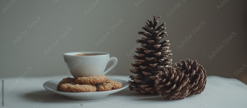 Poster cozy coffee and cookie arrangement with pine cones creating a warm and inviting atmosphere in high q