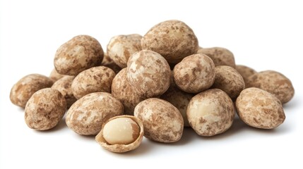 Raw almonds in natural brown shell stacked together with one almond displayed, showcasing healthy snack options and organic food concepts.