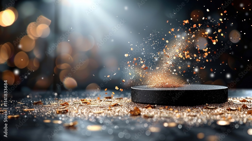Poster a shimmering pile of golden particles sparkles above a flat surface, illuminated by dramatic lightin