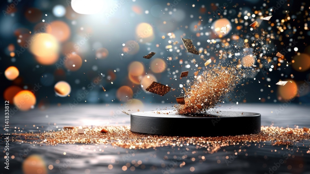 Poster a dynamic explosion of particles and sparkles against a blurred background, creating a mesmerizing e