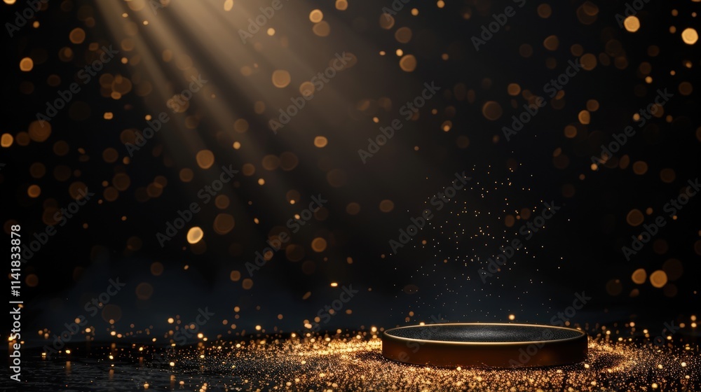 Poster illuminated golden particles floating above a circular platform dark background 3d visual enigmatic 
