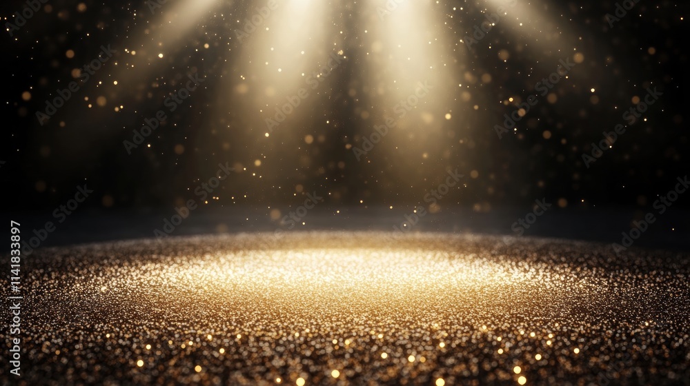 Poster illuminated gold particles dance in a dark studio captivating visual art ethereal environment close-