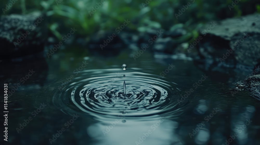 Poster water drop creating ripples on a tranquil surface surrounded by greenery in a serene natural setting