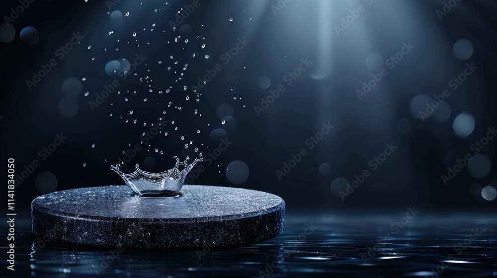 Poster a serene image of water droplets splashing on a surface, illuminated by soft light, creating a tranq