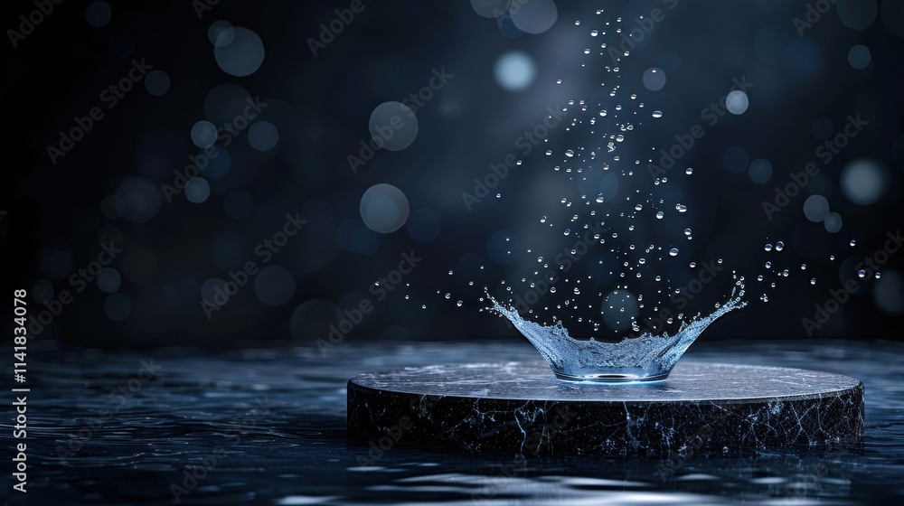 Poster a serene, dark scene captures water droplets splashing in a tranquil pool, creating a mesmerizing di