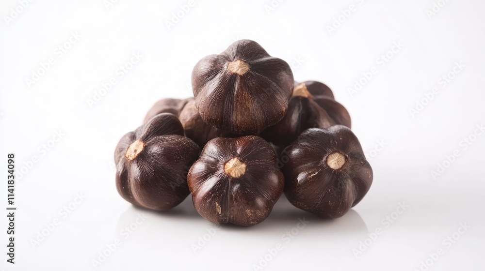 Poster raw chestnuts stacked on a white background showcasing their glossy brown shells and unique shape id