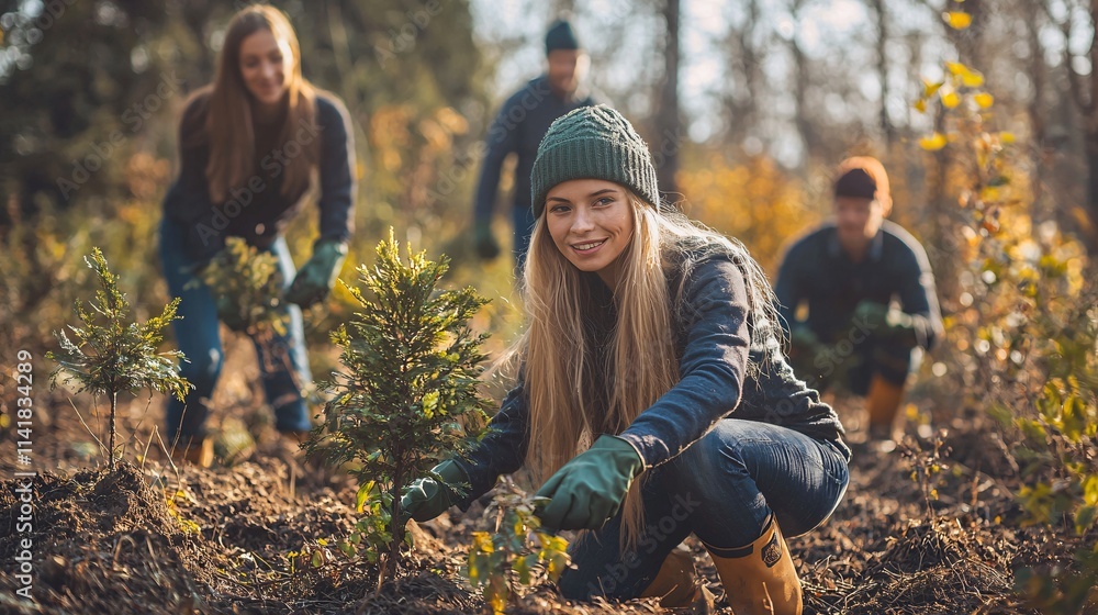 Poster team of volunteers planting trees together in a park representing partnership progress and community
