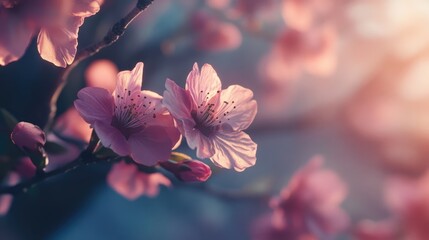 Close up of delicate sakura blossoms with soft lighting highlighting their beauty in a serene spring setting