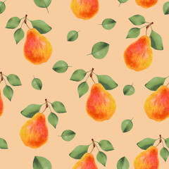 Seamless pattern of pears and leaves. Fruit wallpaper. Watercolor and marker illustrations. Hand drawn isolated art. Botanical artwork with delicious food to decorate your design on fabric, textile