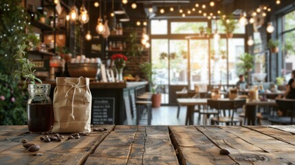 Fototapeta premium A cozy café scene with wooden tables, ambient lighting, and a charming display of coffee and ingredients, inviting a warm atmosphere.