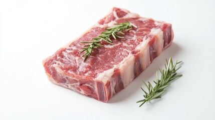 Fresh raw pork belly with rosemary sprigs isolated on a clean white background for culinary and food photography.