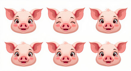 Fototapeta premium Adorable Piglet Faces Illustration Collection with Multiple Expressions for Kids' Designs and Farmyard Themes
