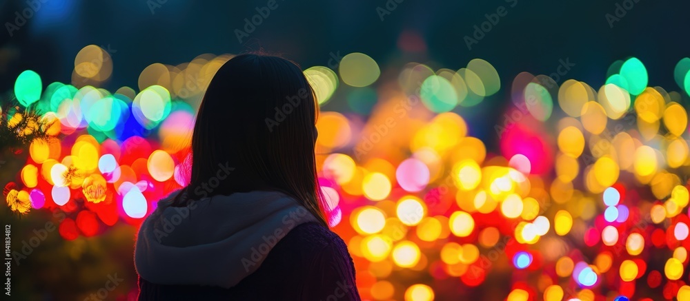 Poster girl admiring colorful light display during evening event with vibrant bokeh background creating a m