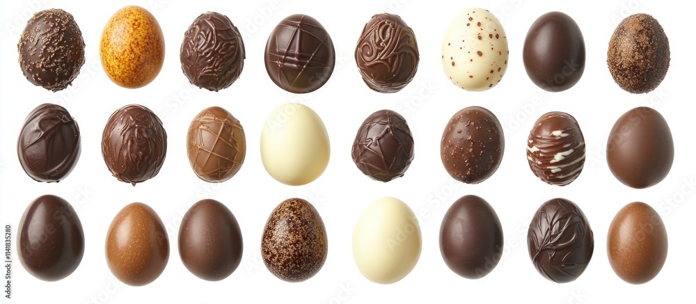 Aufkleber assorted chocolate easter eggs arranged in a visually appealing pattern on a clean white background 