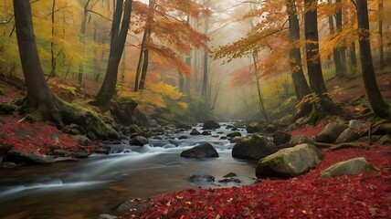 forest with a sparkling stream running through a canopy of rich amber and crimson leaves, accompanied by a soft mist rising in the crisp morning air 