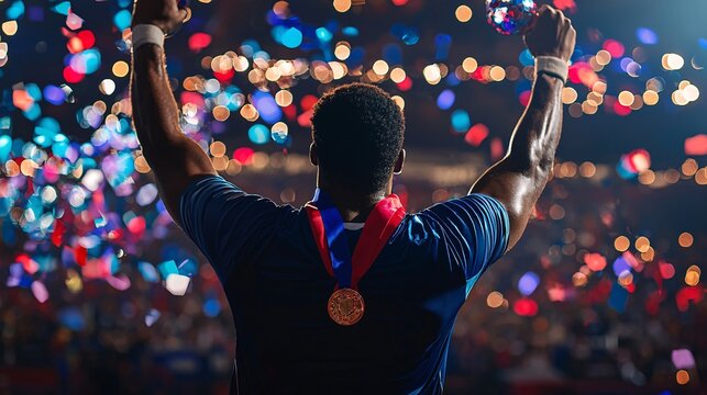 Athlete on a podium holding a medal high symbolizing success in sports and overcoming challenges Stock Photo with side copy space