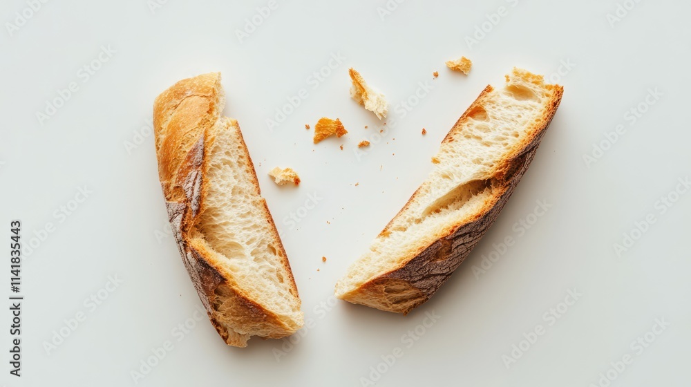Poster broken baguette pieces on a white background showcasing texture and freshness of bread with crumbs s