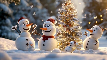 Olaf Snowman Family in a Winter Forest Scene with Sparkling Lights AI Generated