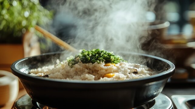 Steaming BaJang food made from rice and whole grains garnished with fresh herbs in a traditional cooking setting