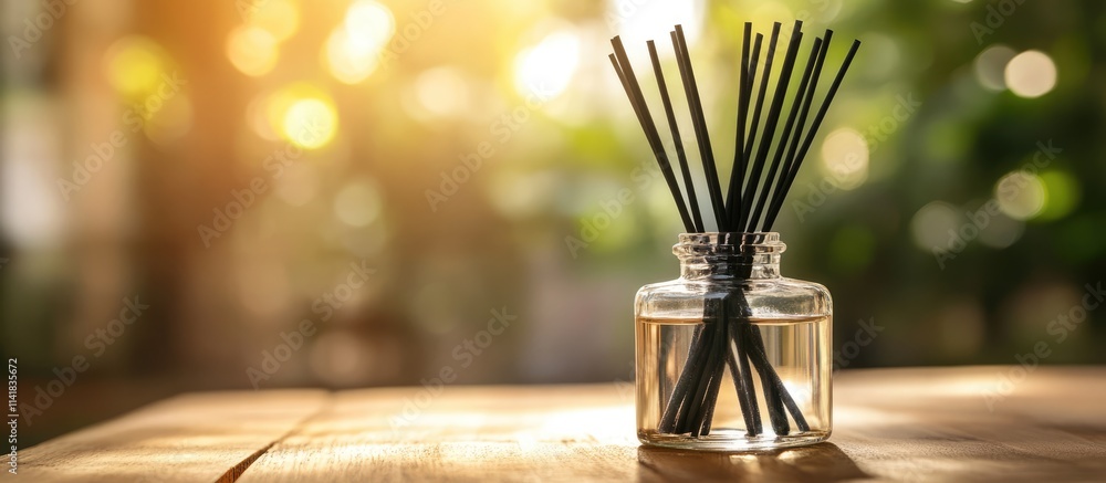 Poster aromatic reed diffuser in clear glass on wooden table creating a calming atmosphere and enhancing ho