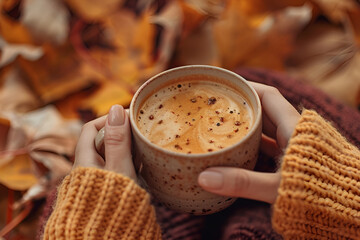 Dłonie trzymające ceramiczny kubek z aromatycznym latte, ozdobionym mleczną pianką i posypką, na tle jesiennych liści.