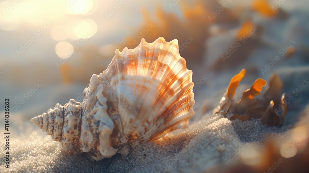Poster delicate conch sea shell resting on sandy shore illuminated by sunlight with soft waves and seaweed 