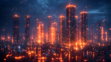 Obraz premium A cityscape with tall buildings lit up in orange and red lights