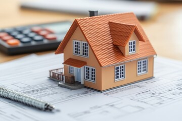 Housing loan concept, Model house on the table and people prepare the document and calculate lease finance as background, Generative AI