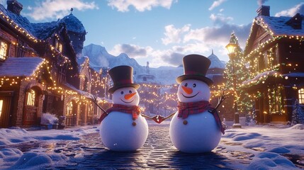 Fototapeta premium Two cheerful snowmen holding hands in a charming snow-covered village at Christmastime.