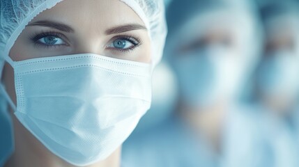 Healthcare workers in surgical masks hospital ward medical photography clinical environment close-up perspective