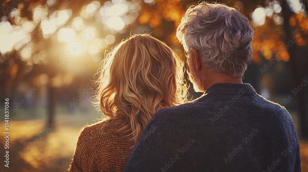 Poster retired couple walking through a scenic park arm in arm reflecting life milestones and shared memori