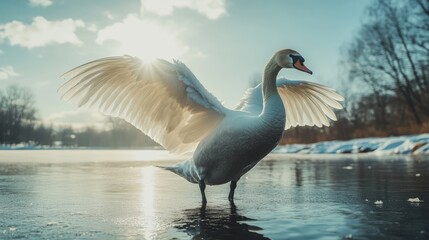 Majestic mute swan stretching its wings in shallow winter lake water against a bright blue sky and sunlit background in a serene setting