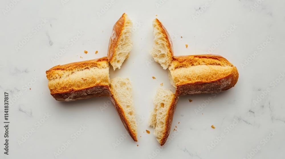 Poster Broken baguette pieces on a white background showcasing texture and structure perfect for culinary or bakery themed projects.