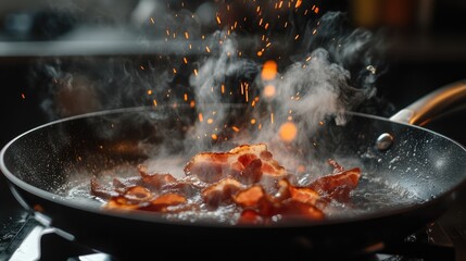 Frying crispy bacon in a skillet with smoke and splatter on a hot stovetop background