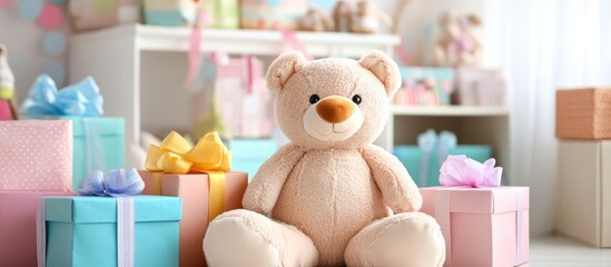 Charming plush teddy bear amidst vibrant gift boxes in a beautifully themed nursery ideal for baby celebrations and joyful moments