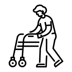 A line icon of a person standing with the help of walker 