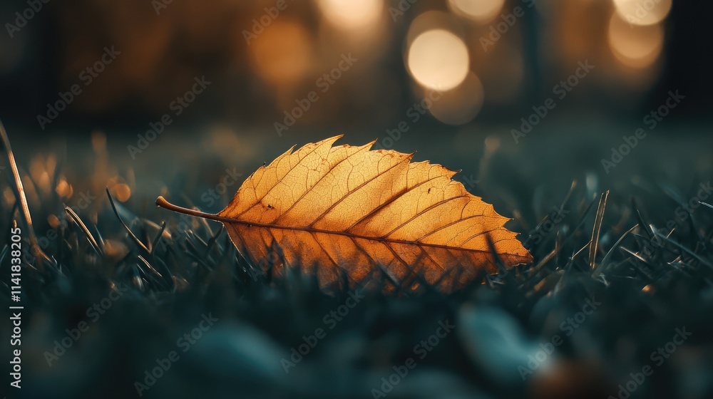 Poster amber leaf resting on green grass in soft evening light with bokeh background creating a serene autu
